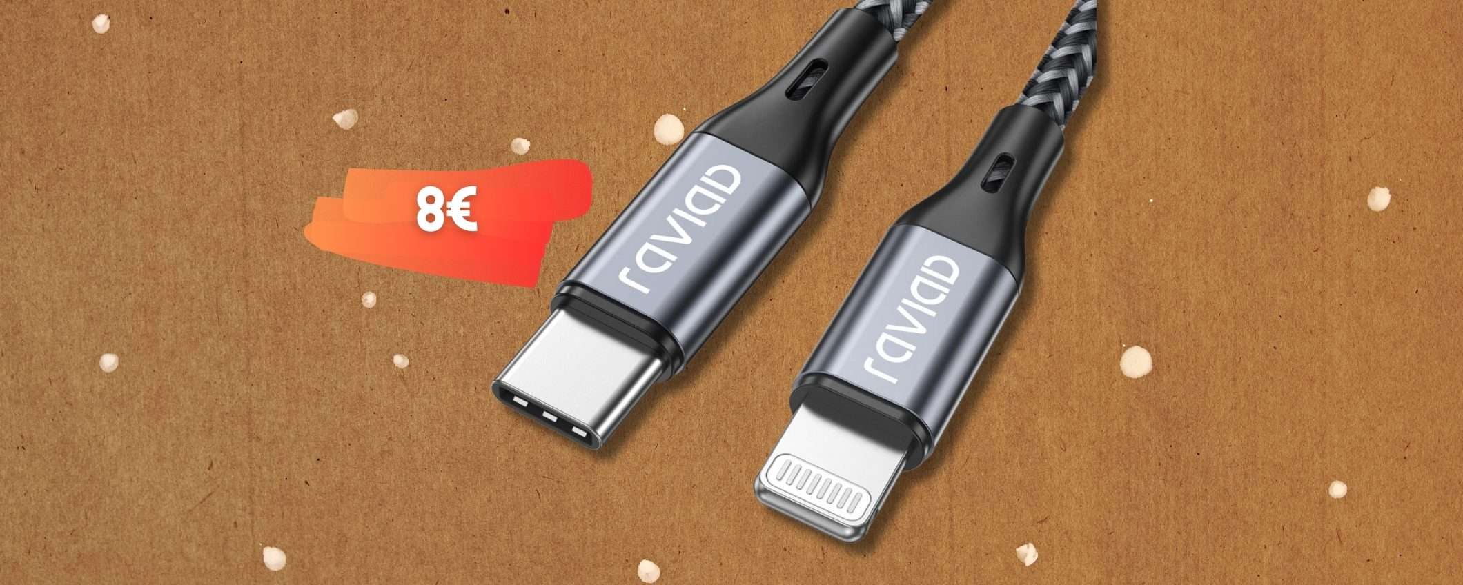 Cavo USB C Lightning per ricarica rapida su iPhone, 2m a soli 8€ (MFi)