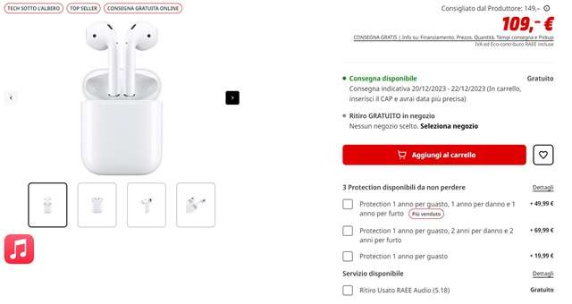 airpods seconda generazione 109 euro mediaworld