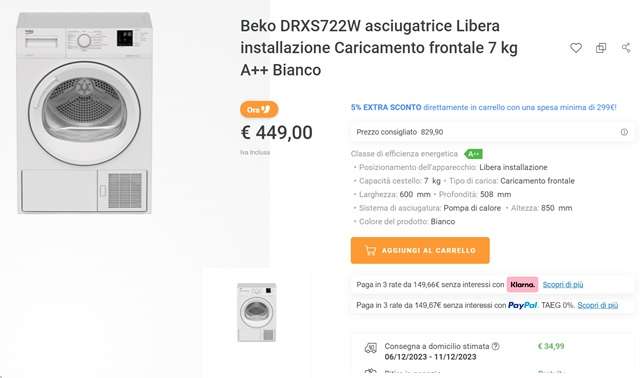 asciugatrice beko 449 euro unieuro