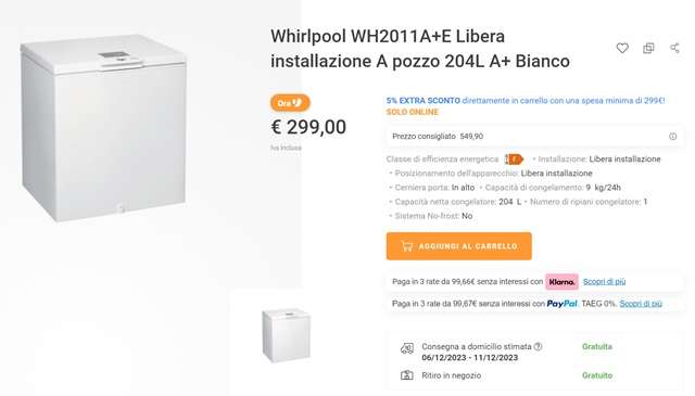 congelatore a pozzetto whirlpool 299 euro unieuro