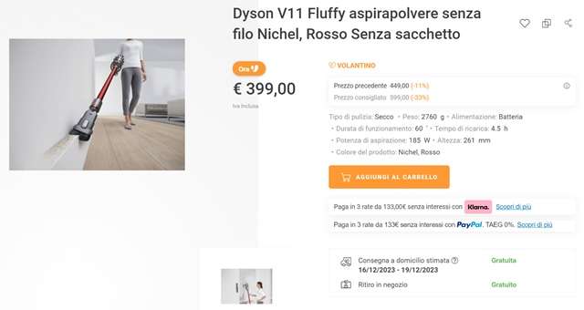 dyson v11 fluffy 399 euro unieuro