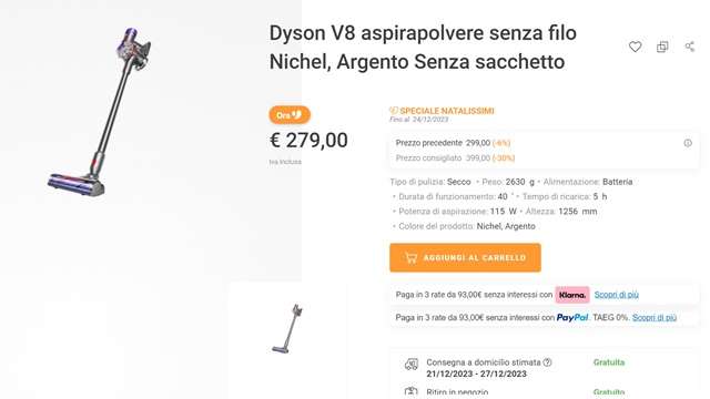 dyson v8 279 euro unieuro