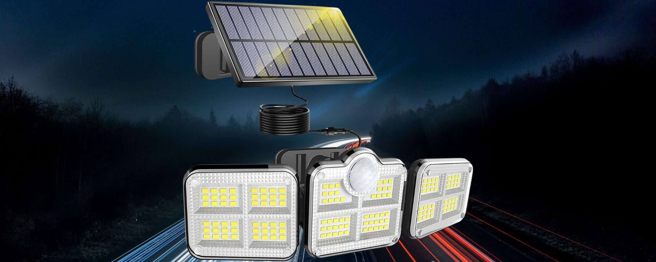 Una BESTIA di faro solare a 11€: 3 teste luminose (Amazon)