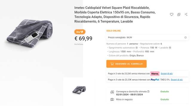 imetec caldoplaid 69 euro unieuro