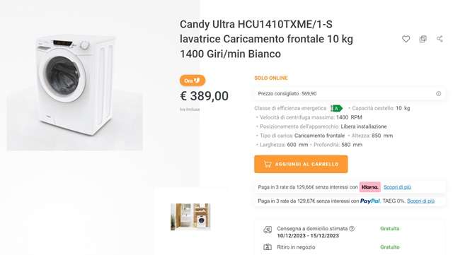 lavatrice candy ultra 389 euro unieuro