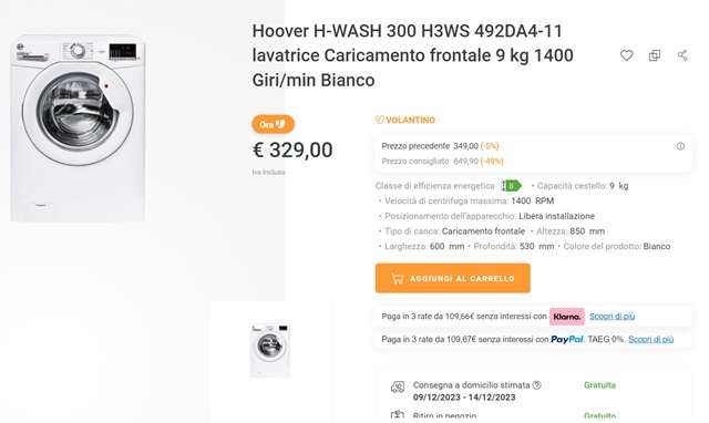 lavatrice hoover 329 euro unieuro