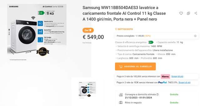 lavatrice samsung ww11 549 euro unieuro