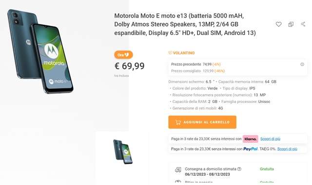 motorola moto e13 69 euro unieuro