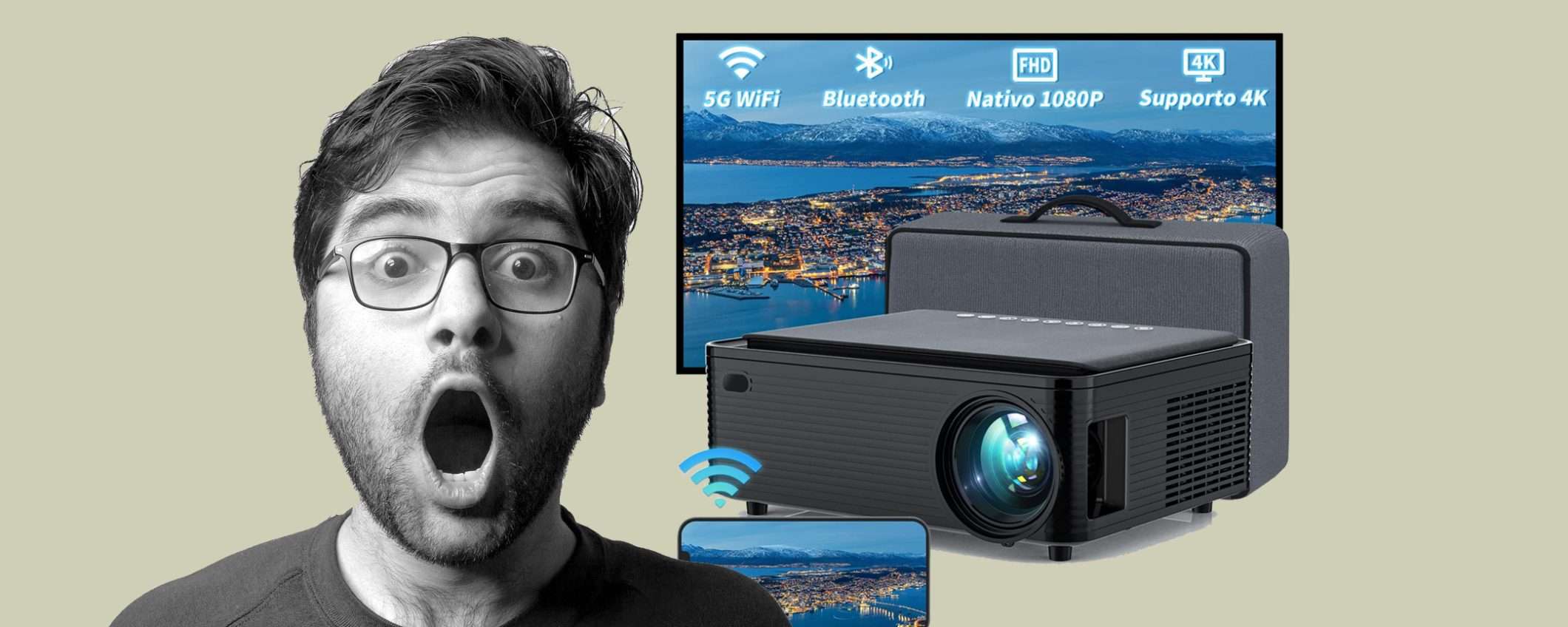 Mini Proiettore 4K Con WiFi E Bluetooth – Supporto 270°, 1080p Nativo, Android 13, Altoparlante 5W, Portatile