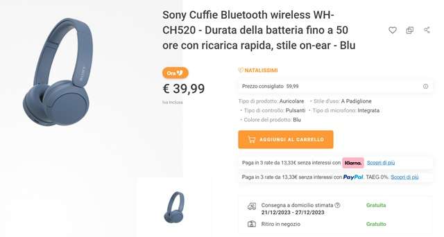 sony wh ch520 39 euro unieuro