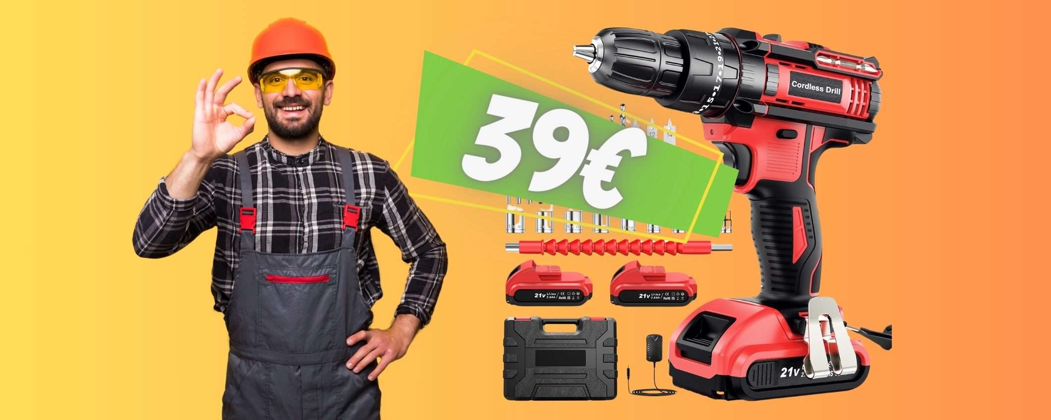 Trapano avvitatore con doppia batteria, valigetta e accessori a 39€ Trapano avvitatore con doppia batteria, valigetta e accessori a 39€
