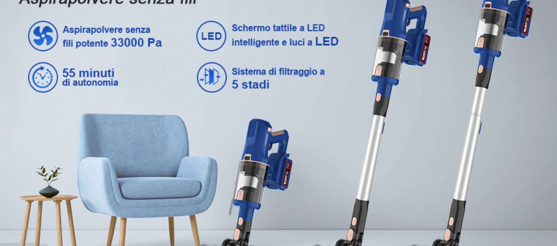 Aspirapolvere senza fili 5-in-1 in offerta: schermo LED e tanti accessori Aspirapolvere senza fili 5-in-1 in offerta: schermo LED e tanti accessori