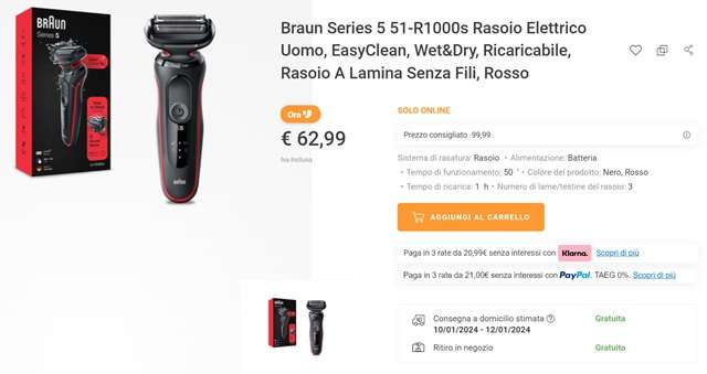 BRAUN SERIES 5 RASOIO ELETTRICO UOMO BARBA 3 LAME RICARICABILE E