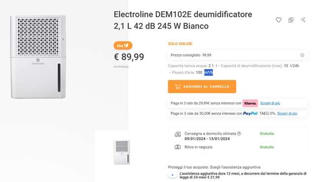 deumidificatore electroline 89 euro unieuro