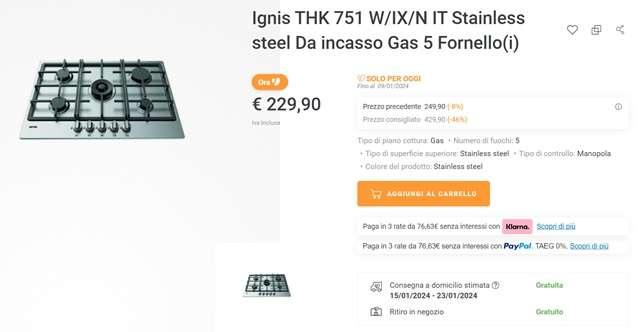 ignis piano di cottura a gas 229 euro unieuro