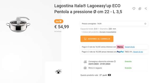 lagostina itala eco pentola a pressione 54 euro unieuro