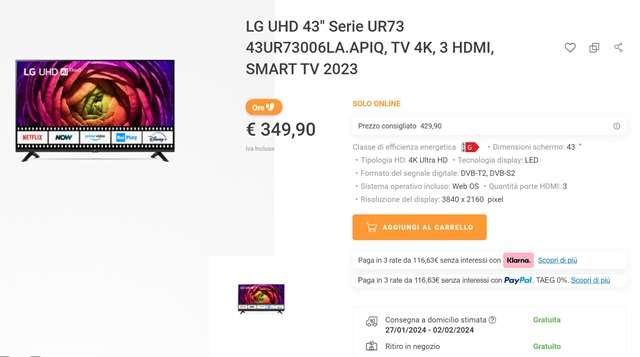 lg uhd 43 pollici 349 euro unieuro