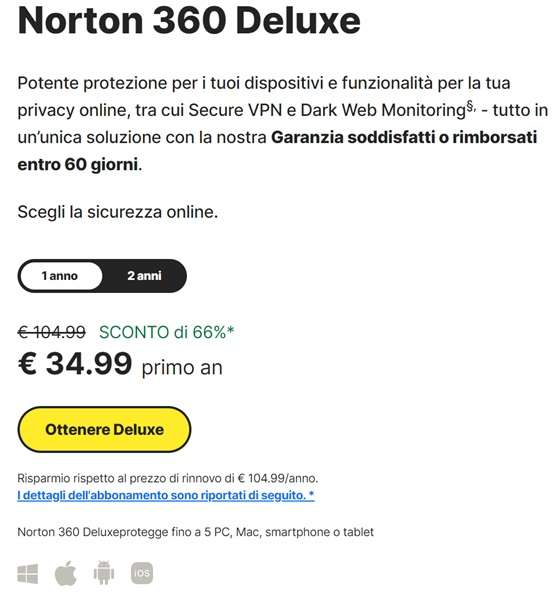 norton 360 deluxe 66 per cento di sconto