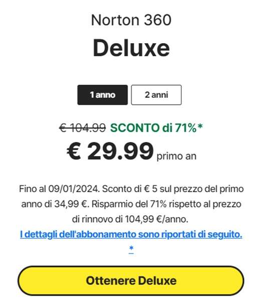 norton 360 deluxe sconto 71 per cento 29,99 euro per il primo anno