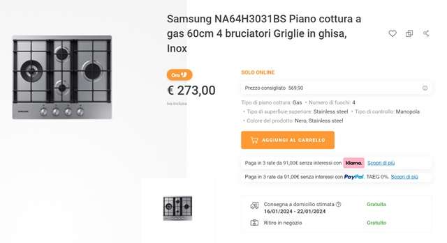piano cottura gas samsung 273 euro unieuro