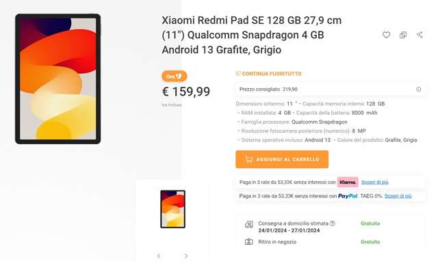 redmi pad se 159 euro unieuro