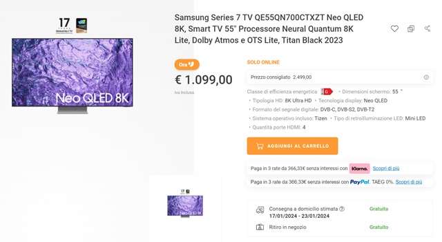 tv samsung 8k 1099 euro unieuro