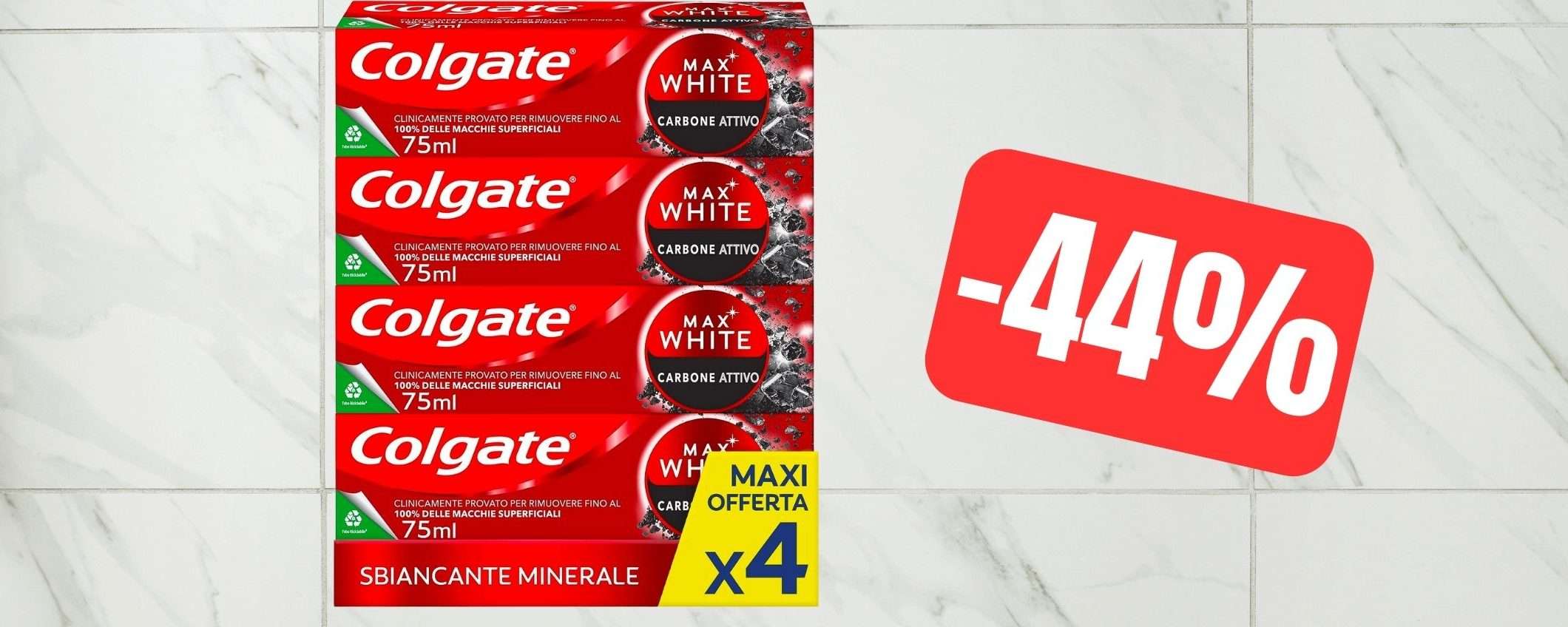 Dentifricio sbiancante Colgate Max White a PREZZO SCORTA su Amazon (-44%) Dentifricio sbiancante Colgate Max White a PREZZO SCORTA su Amazon (-44%)