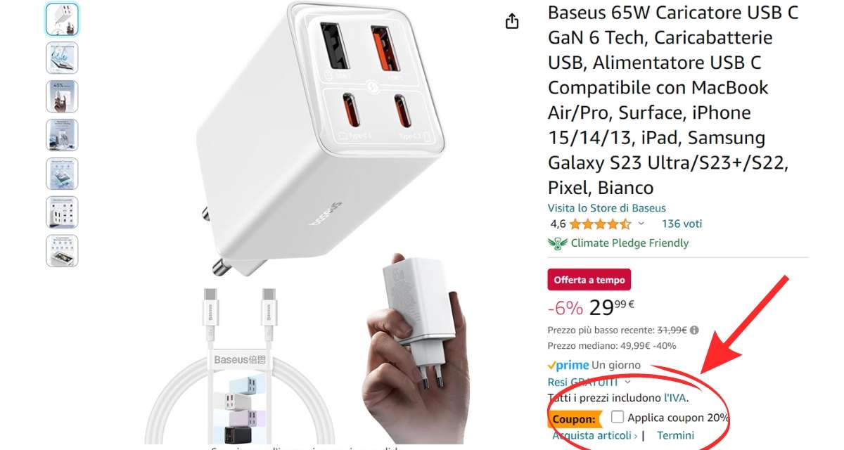 caricatore-usb-65w-4-porte-tuo-soli-23e-bomba-amazon-coupon