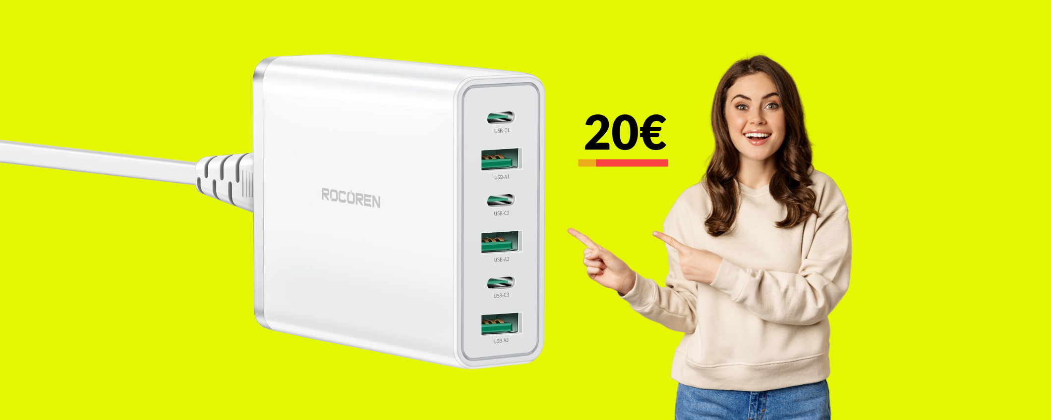 Caricatore USB C con ben 6 PORTE: solo 20€ grazie a 2 SCONTI