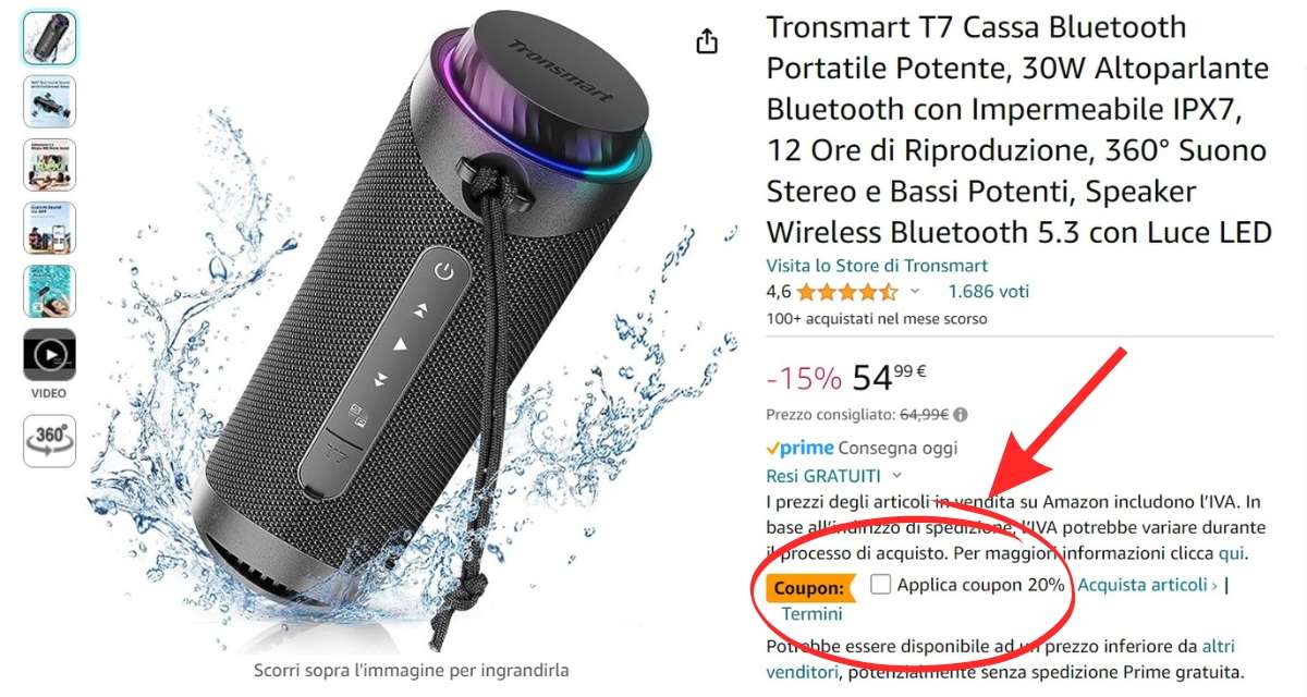 Cassa Bluetooth Portatile 20W Con Luci RGB, Impermeabile IPX7 E 20 Ore Di Autonomia