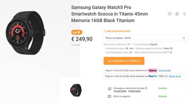galaxy watch 5 pro 249 euro unieuro