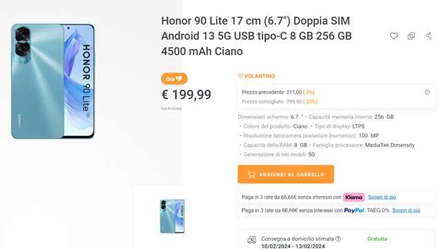 honor 90 lite 199 euro unieuro