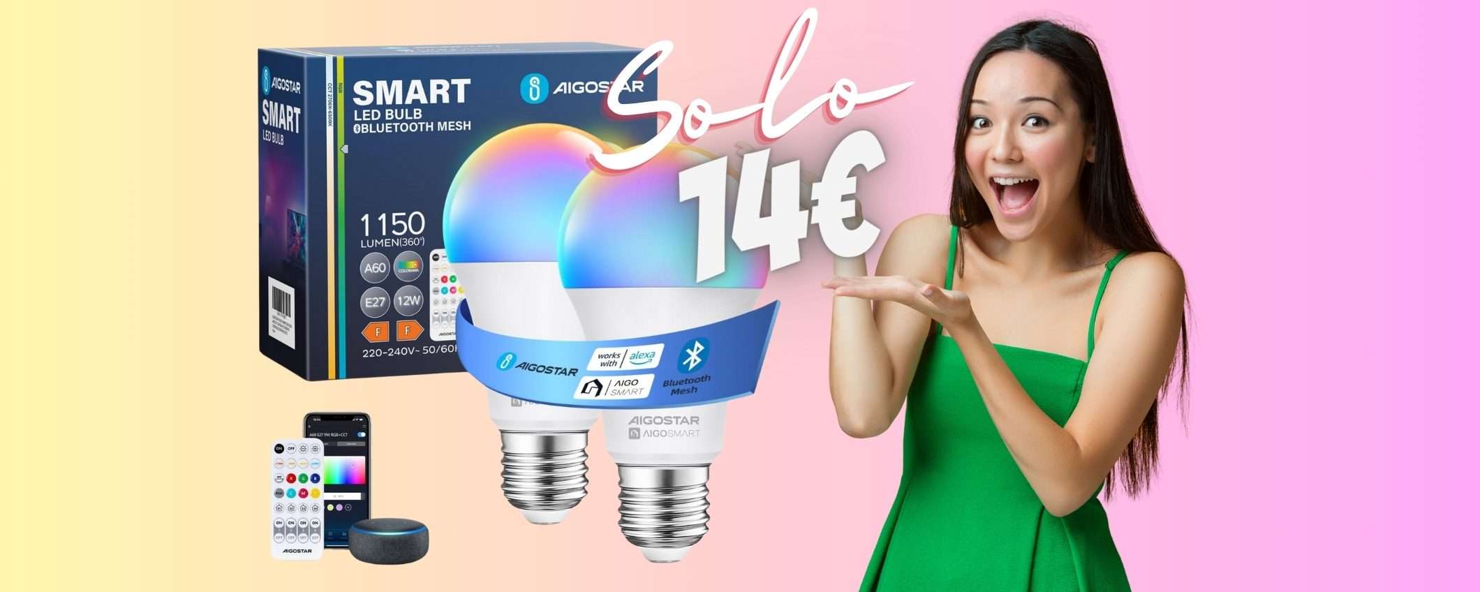 Lampadine WiFi con 16 milioni di colori e comandi vocali a 14€