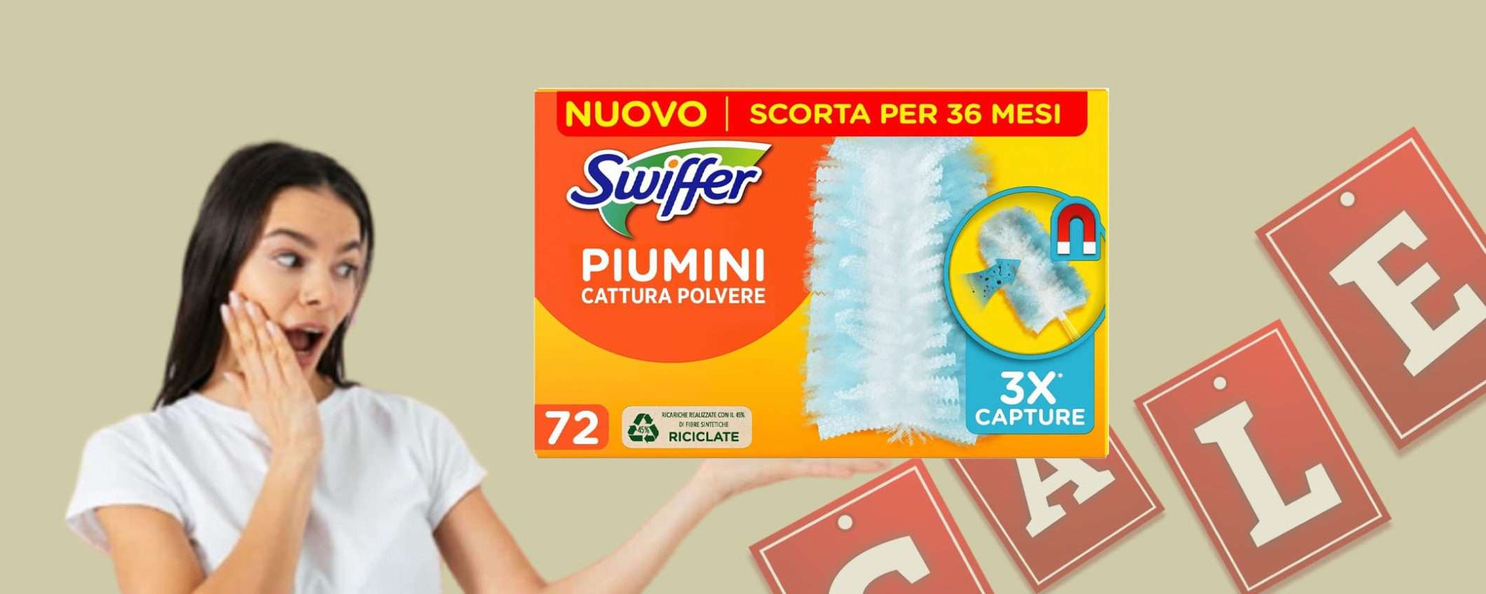 Piumini cattura polvere Swiffer Duster (72 pz): risparmia il 36% (Amazon) Piumini cattura polvere Swiffer Duster (72 pz): risparmia il 36% (Amazon)