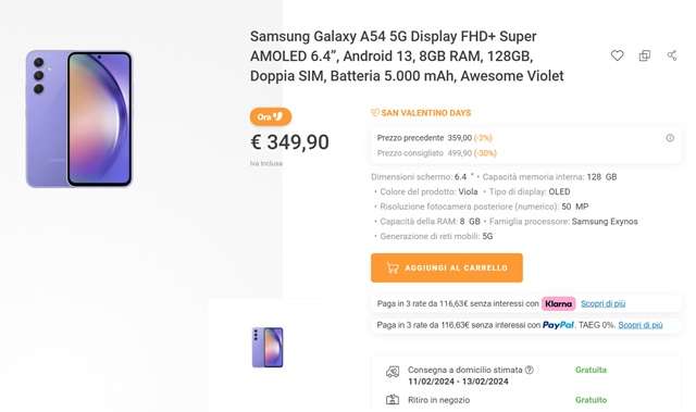 samsung galaxy a54 349 euro unieuro