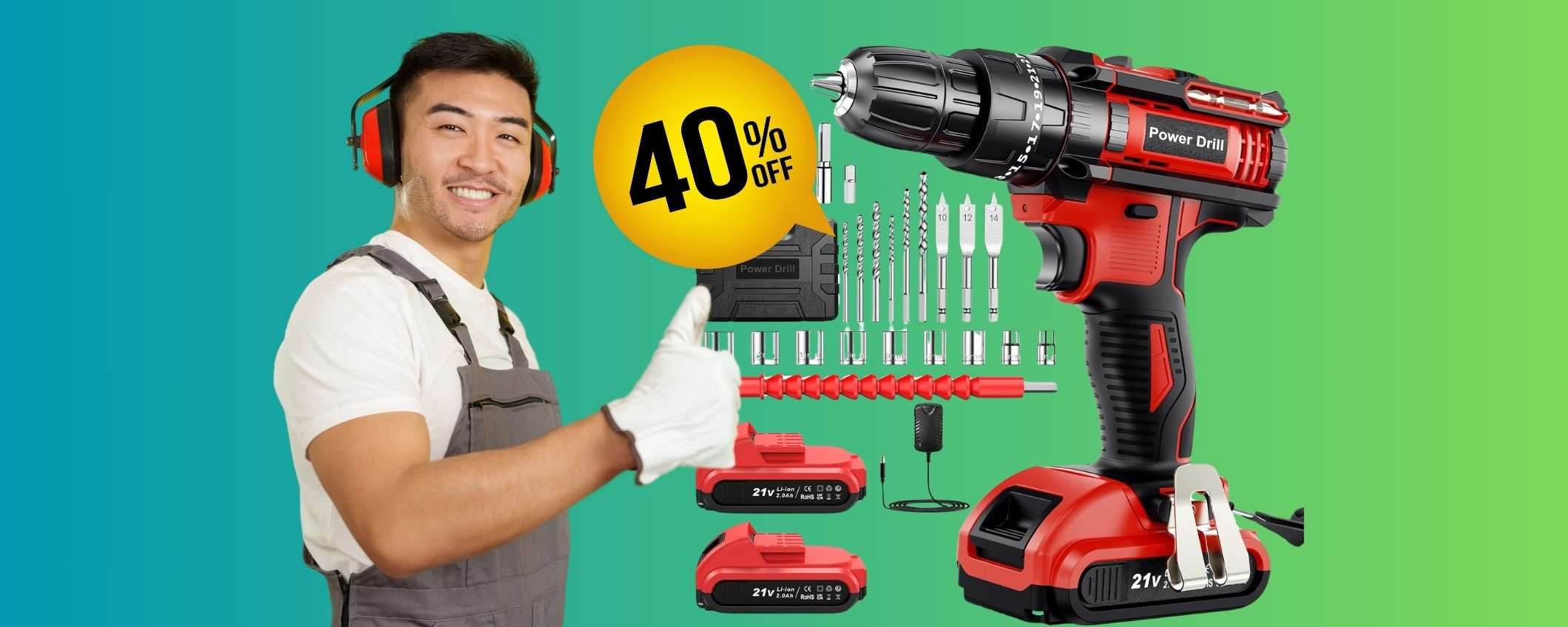 Trapano avvitatore con 2 batterie da 21V, valigetta e 30 accessori (-40%) Trapano avvitatore con 2 batterie da 21V, valigetta e 30 accessori (-40%)