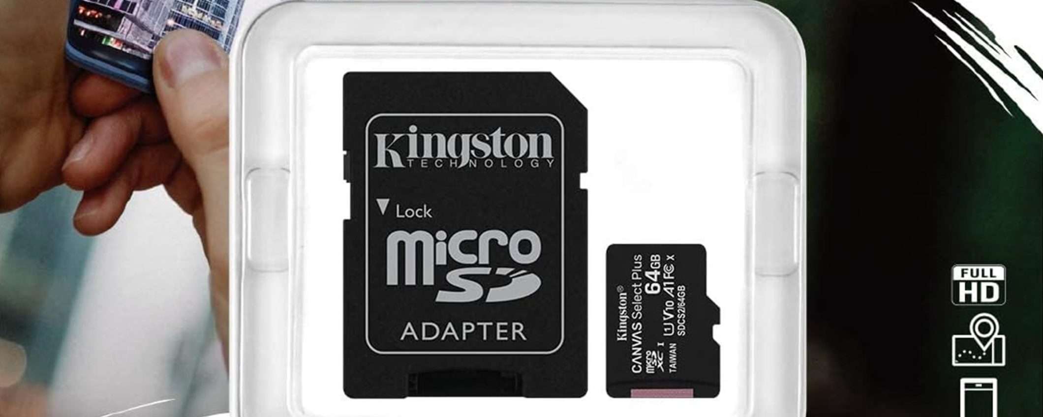 MicroSD Kingston + adattatore SD da 64GB a soli 5€ su Amazon
