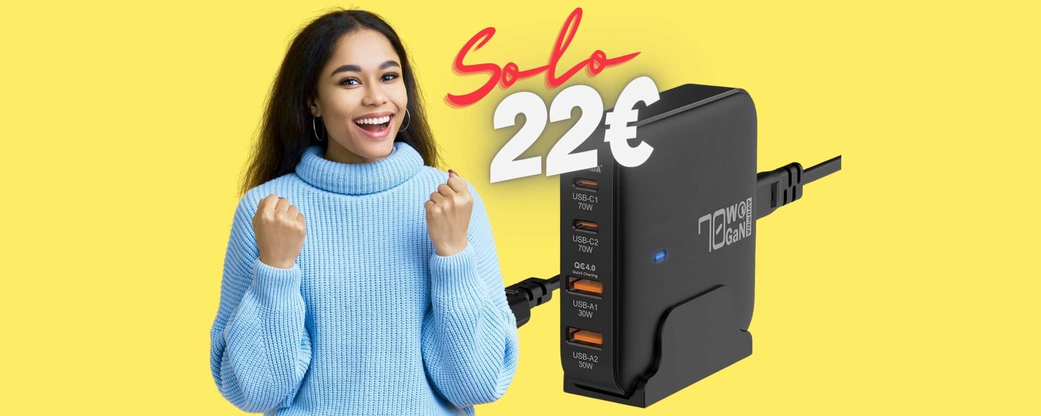 Caricatore con 4 USB, tecnologia GaN III e potenza da 70W a soli 22€ Caricatore con 4 USB, tecnologia GaN III e potenza da 70W a soli 22€