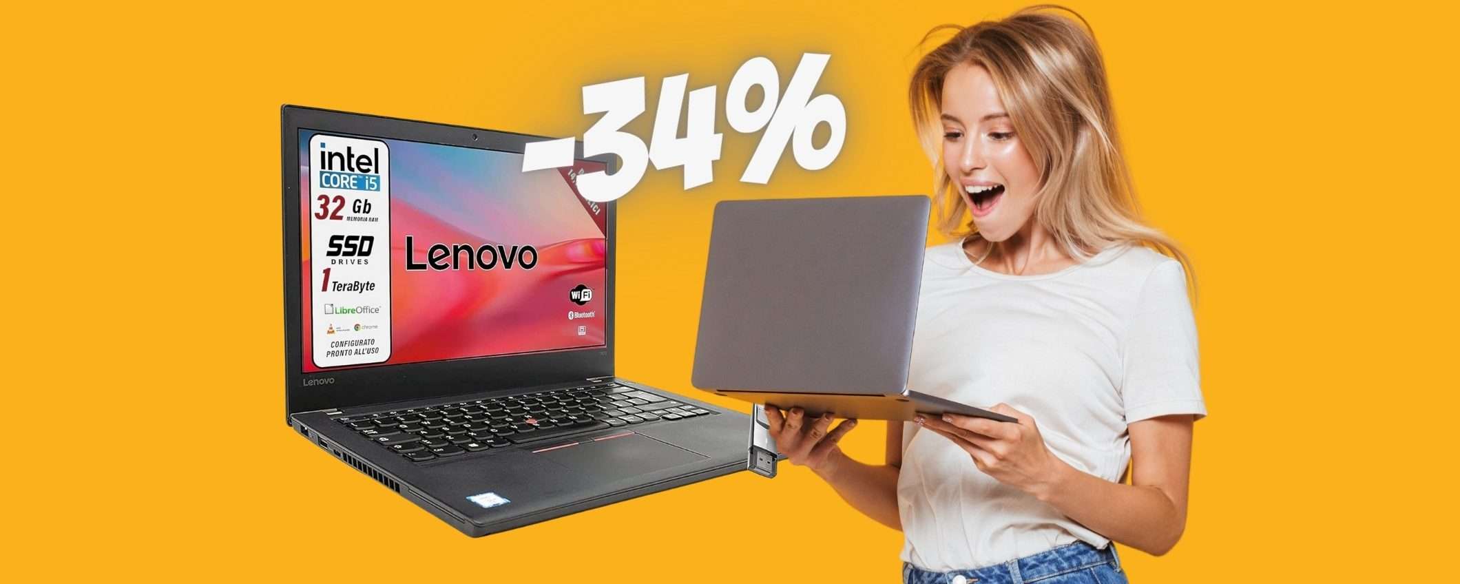Portatile Lenovo con i5, 32GB RAM, SSD da 1TB al 34% (ricondizionato) Portatile Lenovo con i5, 32GB RAM, SSD da 1TB al 34% (ricondizionato)