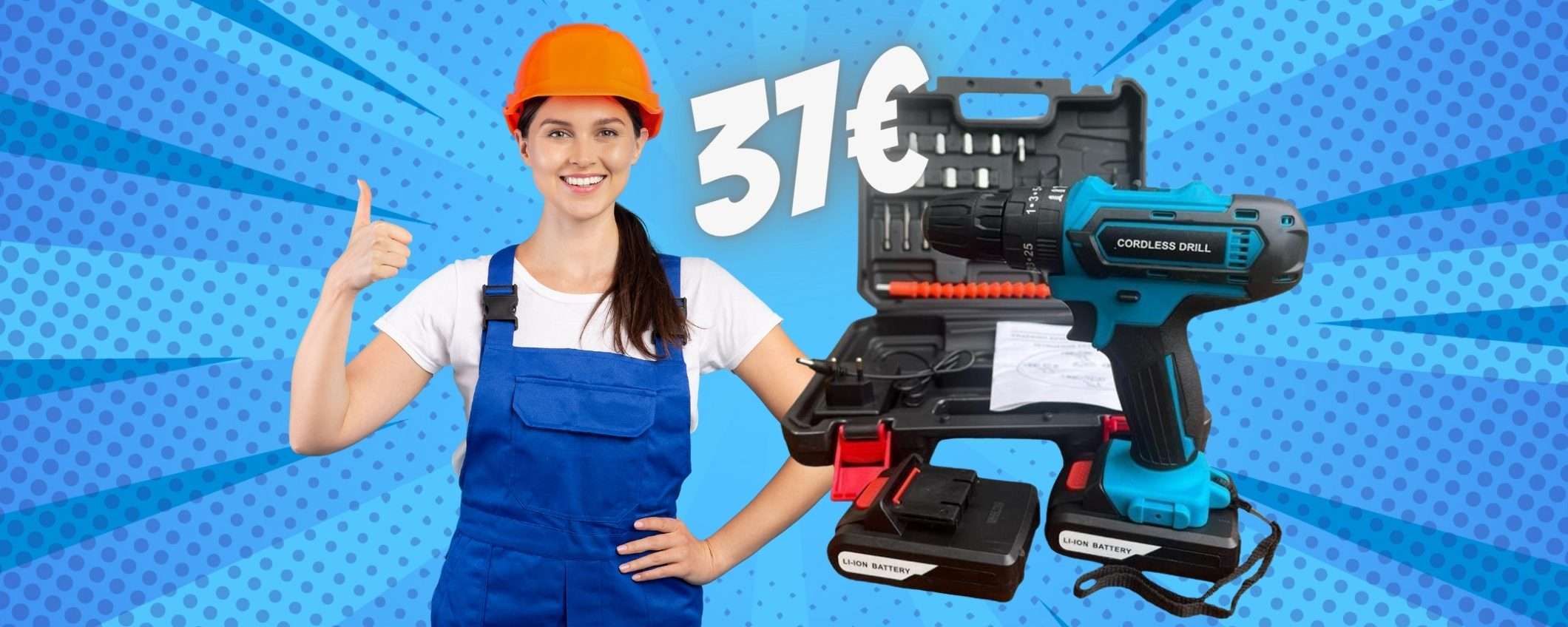 Trapano avvitatore a percussione con 2 batterie e valigetta tuo a 37€ Trapano avvitatore a percussione con 2 batterie e valigetta tuo a 37€