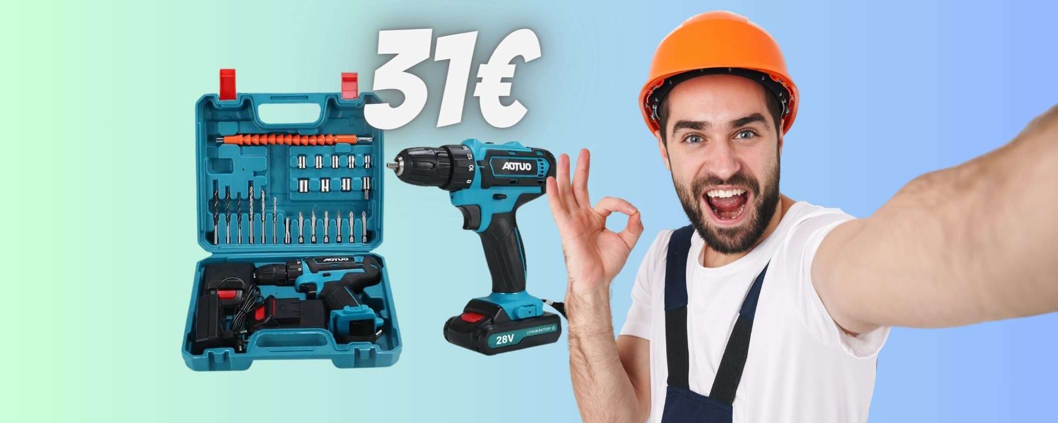 Trapano avvitatore con valigetta, tanti accessori e due batterie a 31€ Trapano avvitatore con valigetta, tanti accessori e due batterie a 31€
