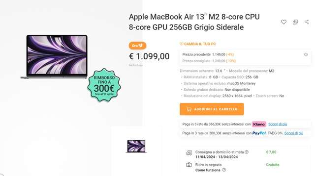 apple macbook air 13 m2 799 euro unieuro