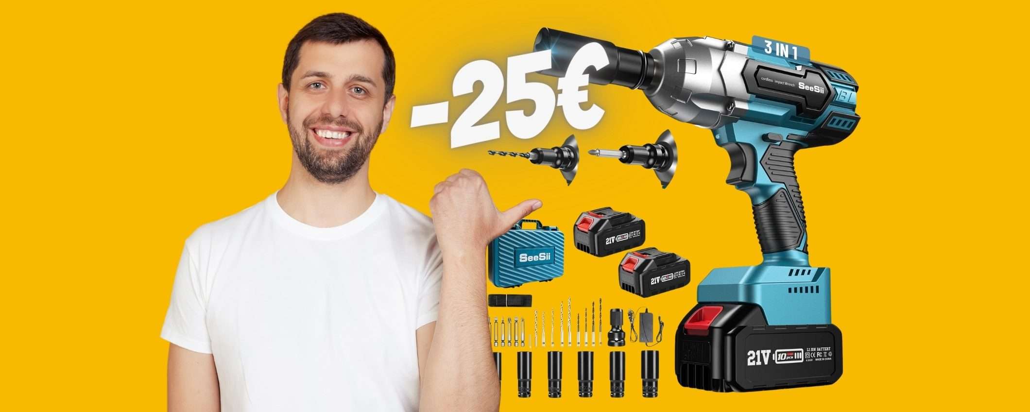 Avvitatore a impulsi con 2 batterie, bussole, viti e punte a 25€ in MENO