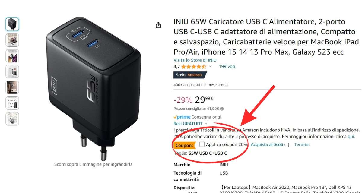 caricatore-usb-65w-2-uscite-soli-23e-con-doppio-sconto-coupon