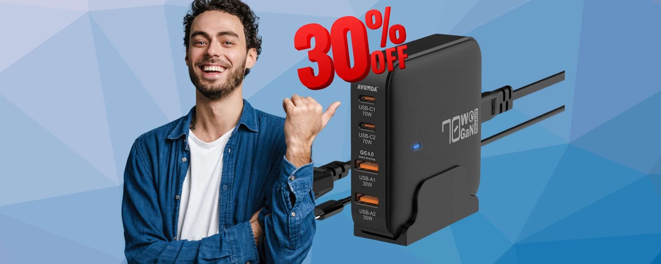 Caricatore USB con potenza da 70W, tecnologia GaN e 4 porte PD (-30%) Caricatore USB con potenza da 70W, tecnologia GaN e 4 porte PD (-30%)