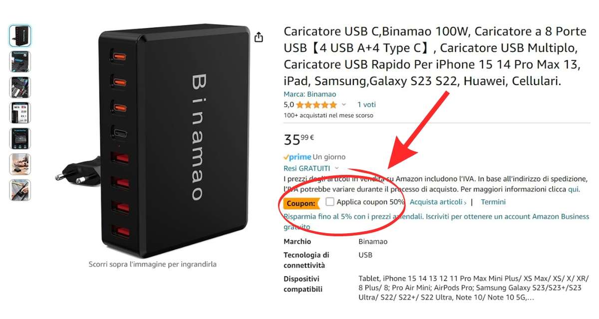 caricatore-usb-super-100w-8-uscite-meta-prezzo-amazon-coupon