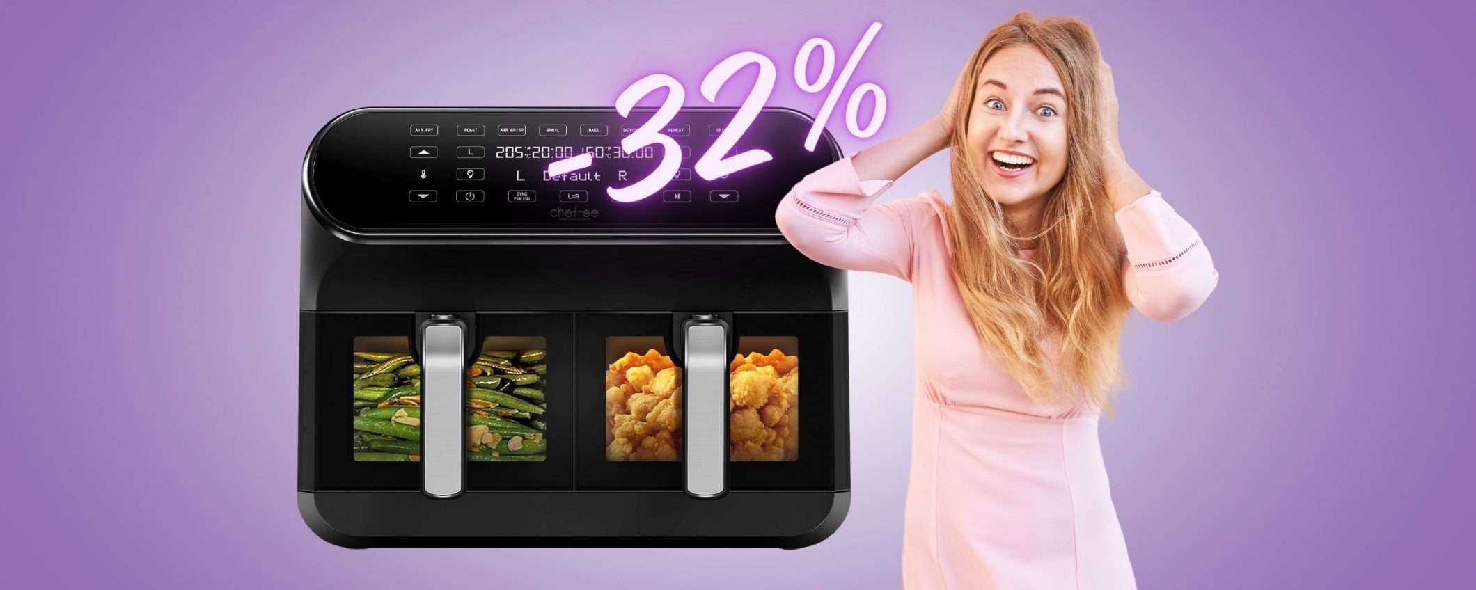 Friggitrice ad aria da 8L con doppio cestello e 8 programmi (-32%) Friggitrice ad aria da 8L con doppio cestello e 8 programmi (-32%)