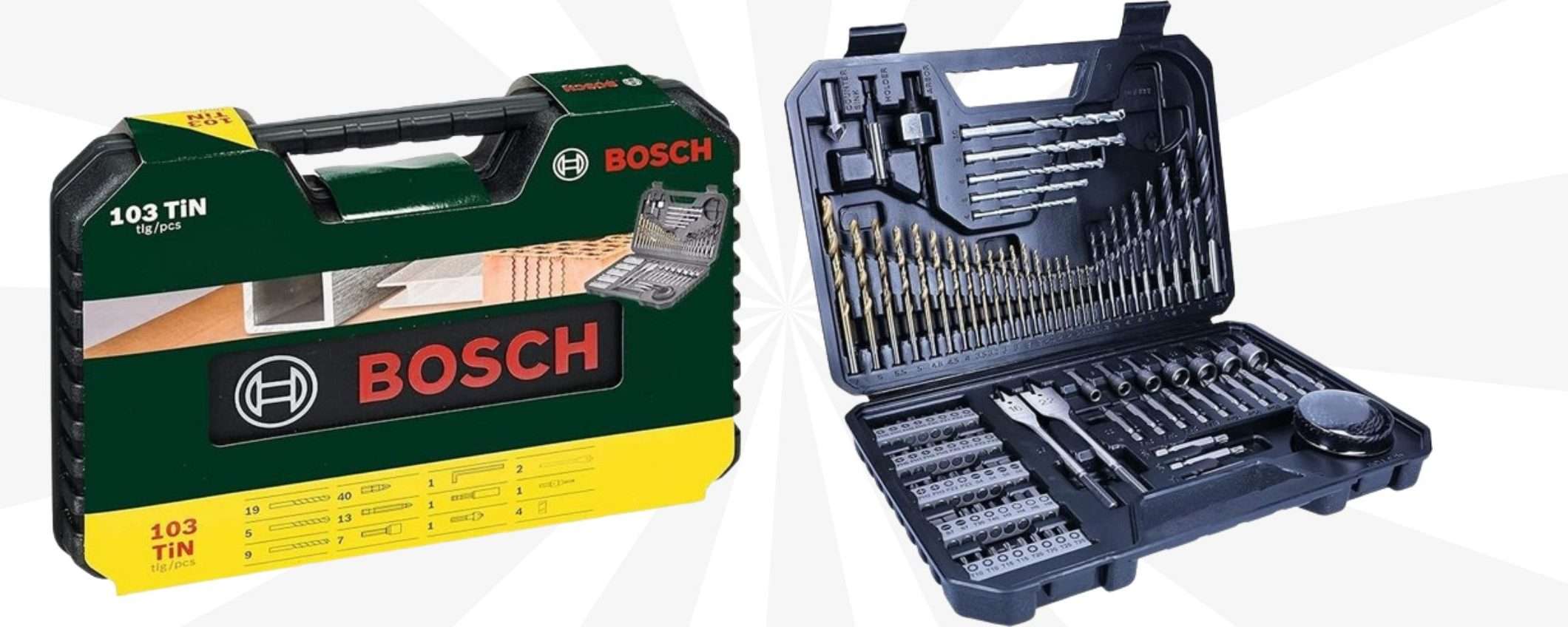 Bosch, FOLLIA di primavera: solo 19€ per il MEGA kit 103 in 1 con custodia Bosch, FOLLIA di primavera: solo 19€ per il MEGA kit 103 in 1 con custodia