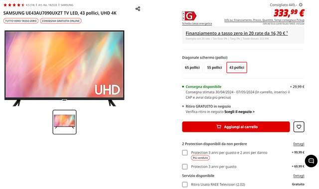 samsung tv 43 pollici 2022 a 333 euro