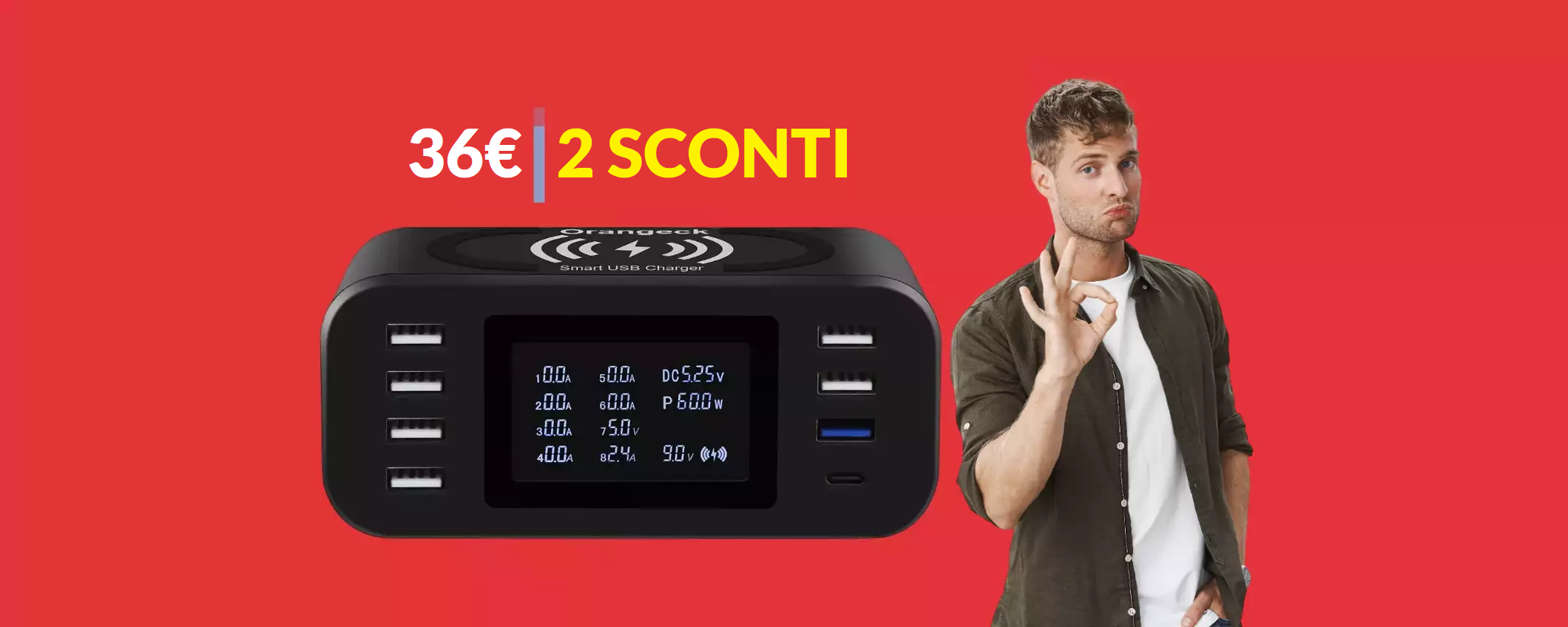 Stazione di ricarica multiporta a 36€: basetta WIRELESS inclusa